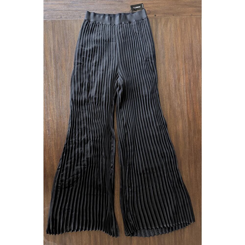 Express Pleated Wide Leg Pants Womens 4 XS Black Satin Super High Rise NWT